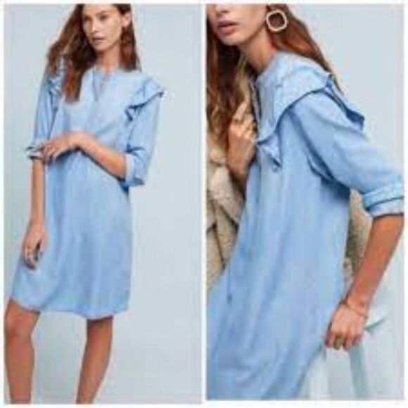 CLOTH & STONE FOR ANTHROPOLOGIE LONG SLEEVE CHAMBRAY DRESS WITH RUFFLE SIZE XS - Picture 2 of 9